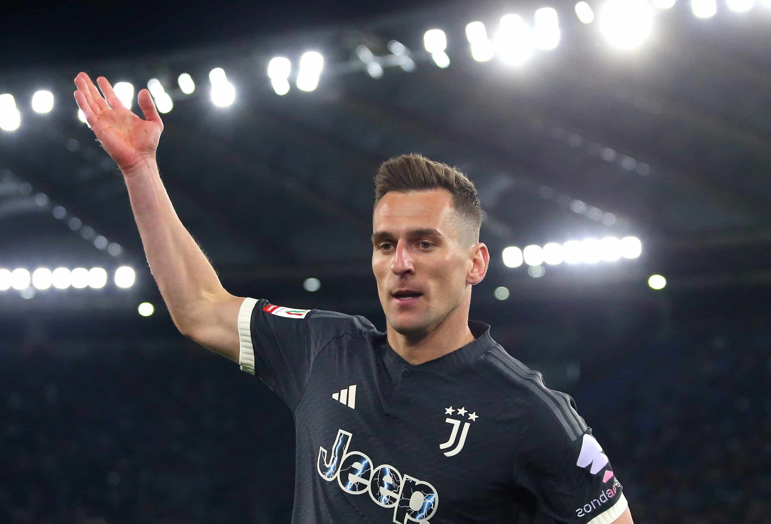 ROME, ITALY - APRIL 23: Arkadiusz Milik of Juventus celebrates scoring his team's first goal during the Coppa Italia Semi-final Second Leg match between SS Lazio and Juventus FC at Stadio Olimpico on April 23, 2024 in Rome, Italy. (Photo by Paolo Bruno/Getty Images)