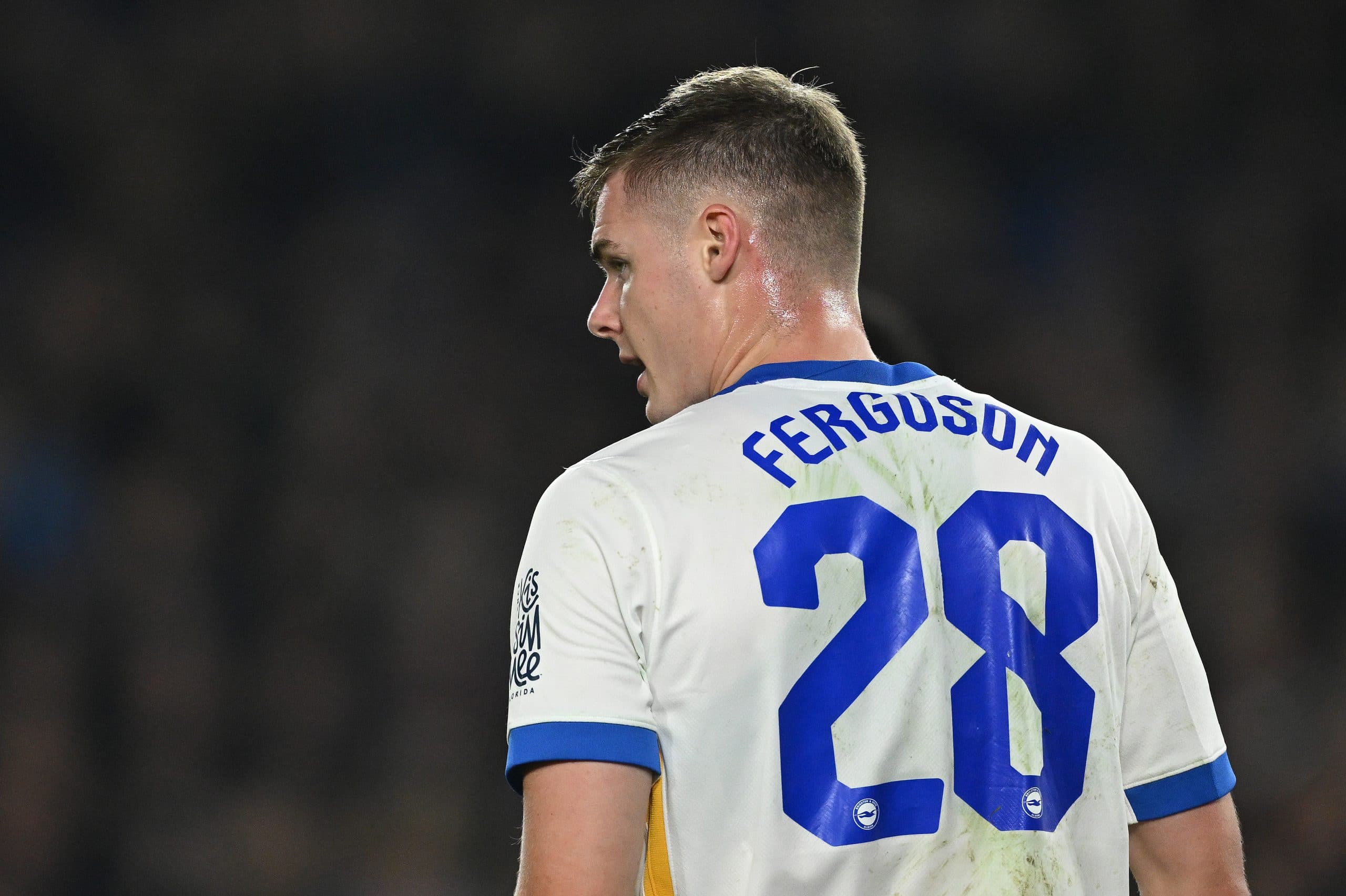 BRIGHTON, ENGLAND - OCTOBER 30: Evan Ferguson of Brighton & Hove Albion looks on during the Carabao Cup Fourth Round match between Brighton & Hove Albion and Liverpool at Amex Stadium on October 30, 2024 in Brighton, England. (Photo by Mike Hewitt/Getty Images)