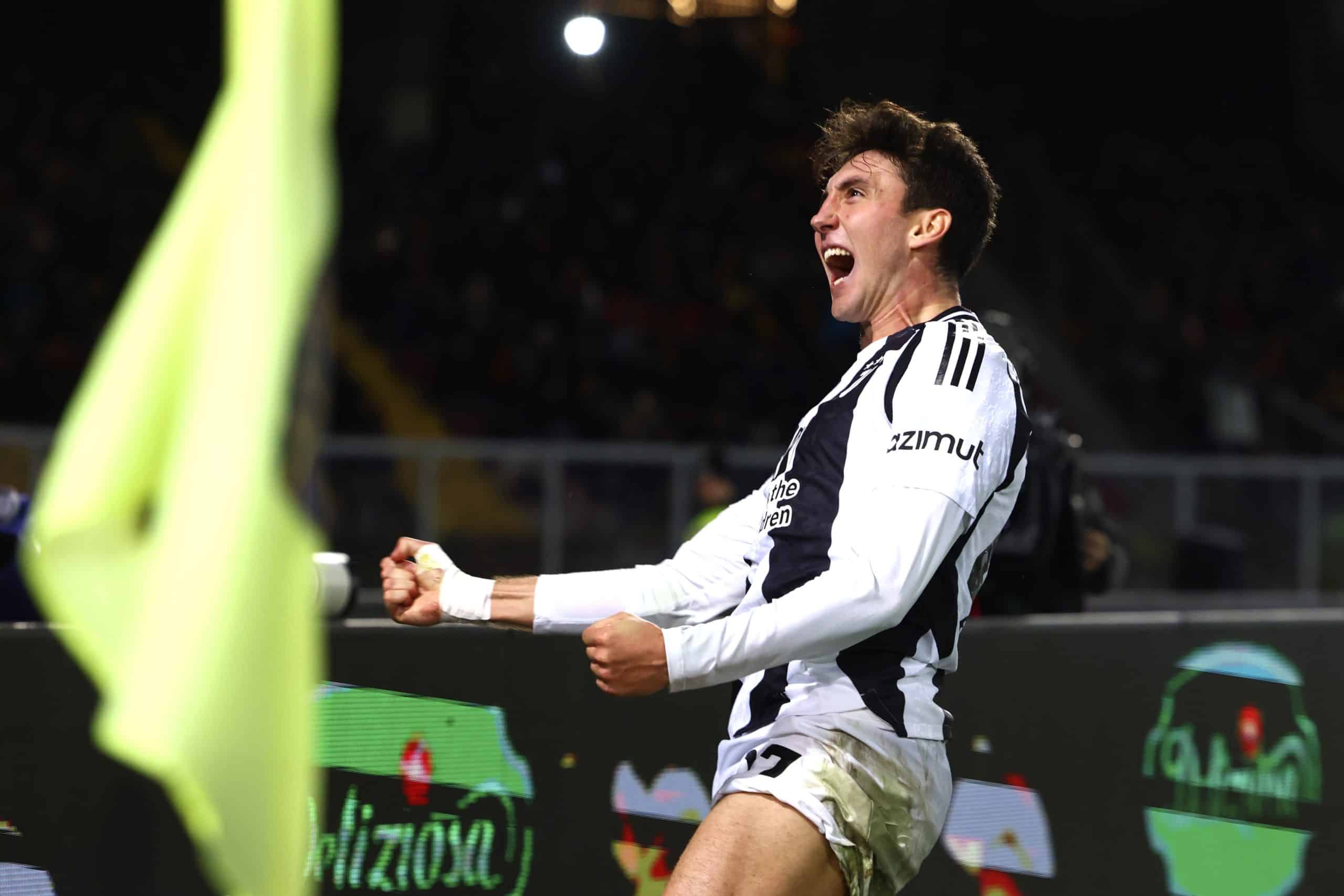 LECCE, ITALY - DECEMBER 01: Andrea Cambiaso of Juventus celebrates after scoring the opening goal during the Serie A match between Lecce and Juventus at Stadio Via del Mare on December 01, 2024 in Lecce, Italy. (Photo by Maurizio Lagana/Getty Images)