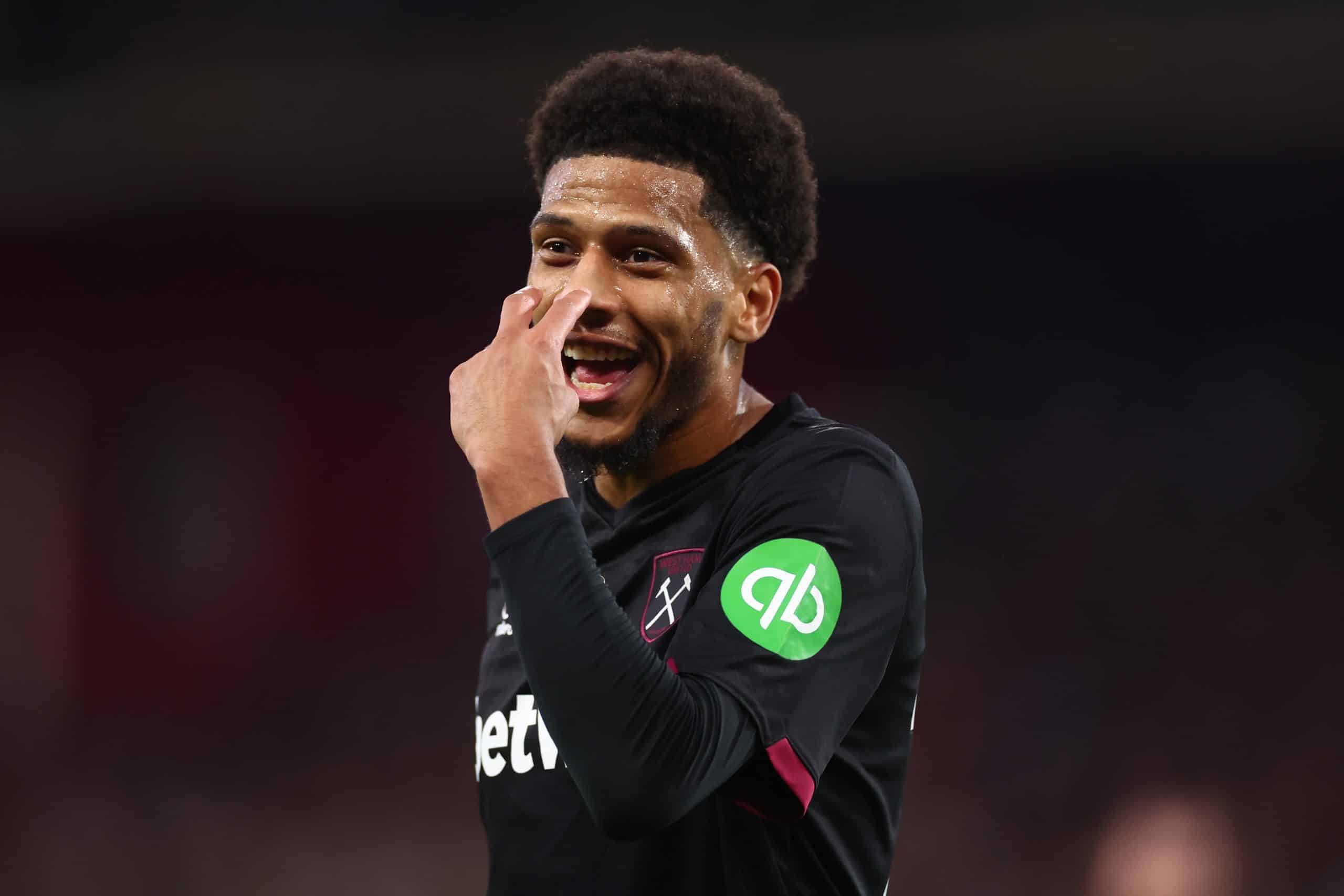 NOTTINGHAM, ENGLAND - NOVEMBER 02: Jean-Clair Todibo of West Ham United reacts during the Premier League match between Nottingham Forest FC and West Ham United FC at City Ground on November 02, 2024 in Nottingham, England. (Photo by Marc Atkins/Getty Images)