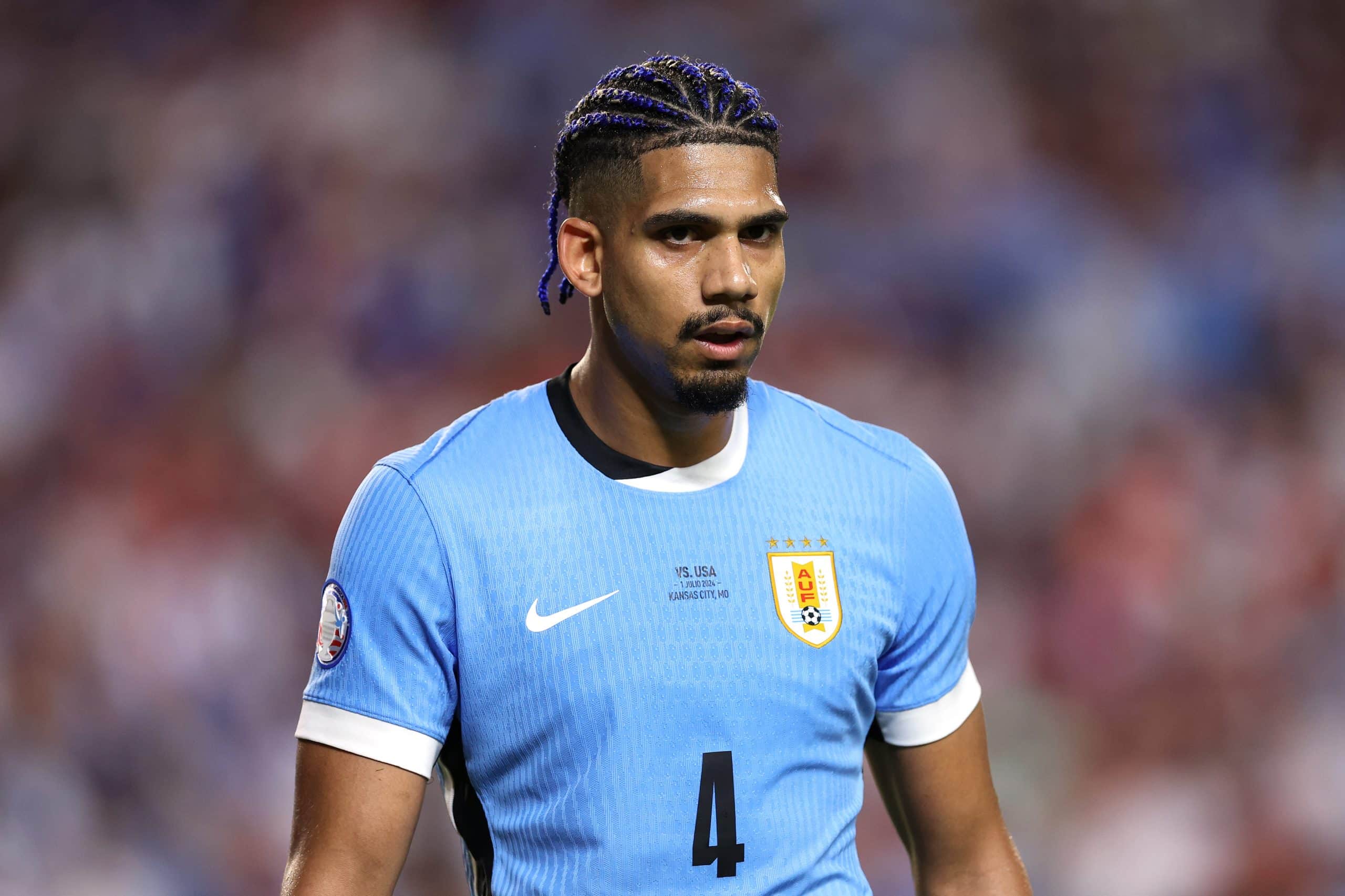KANSAS CITY, MISSOURI - JULY 01: Ronald Araujo of Uruguay looks on during the CONMEBOL Copa America 2024 Group C match between United States and Uruguay at GEHA Field at Arrowhead Stadium on July 01, 2024 in Kansas City, Missouri. (Photo by Jamie Squire/Getty Images)