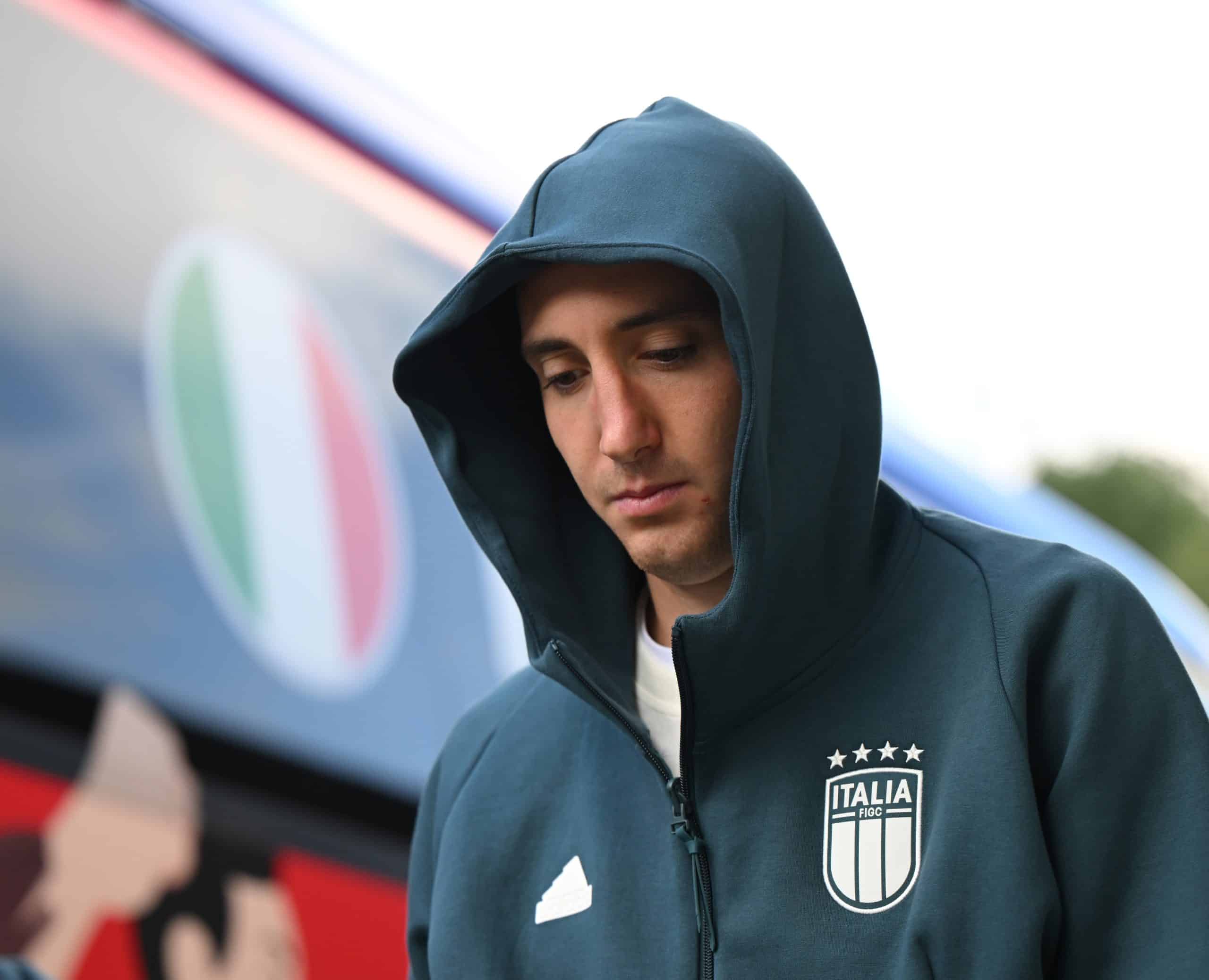 ISERLOHN, GERMANY - JUNE 23: Andrea Cambiaso of Italy arrives at the training ground at Hemberg-Stadion on June 23, 2024 in Iserlohn, Germany. (Photo by Claudio Villa/Getty Images for FIGC)