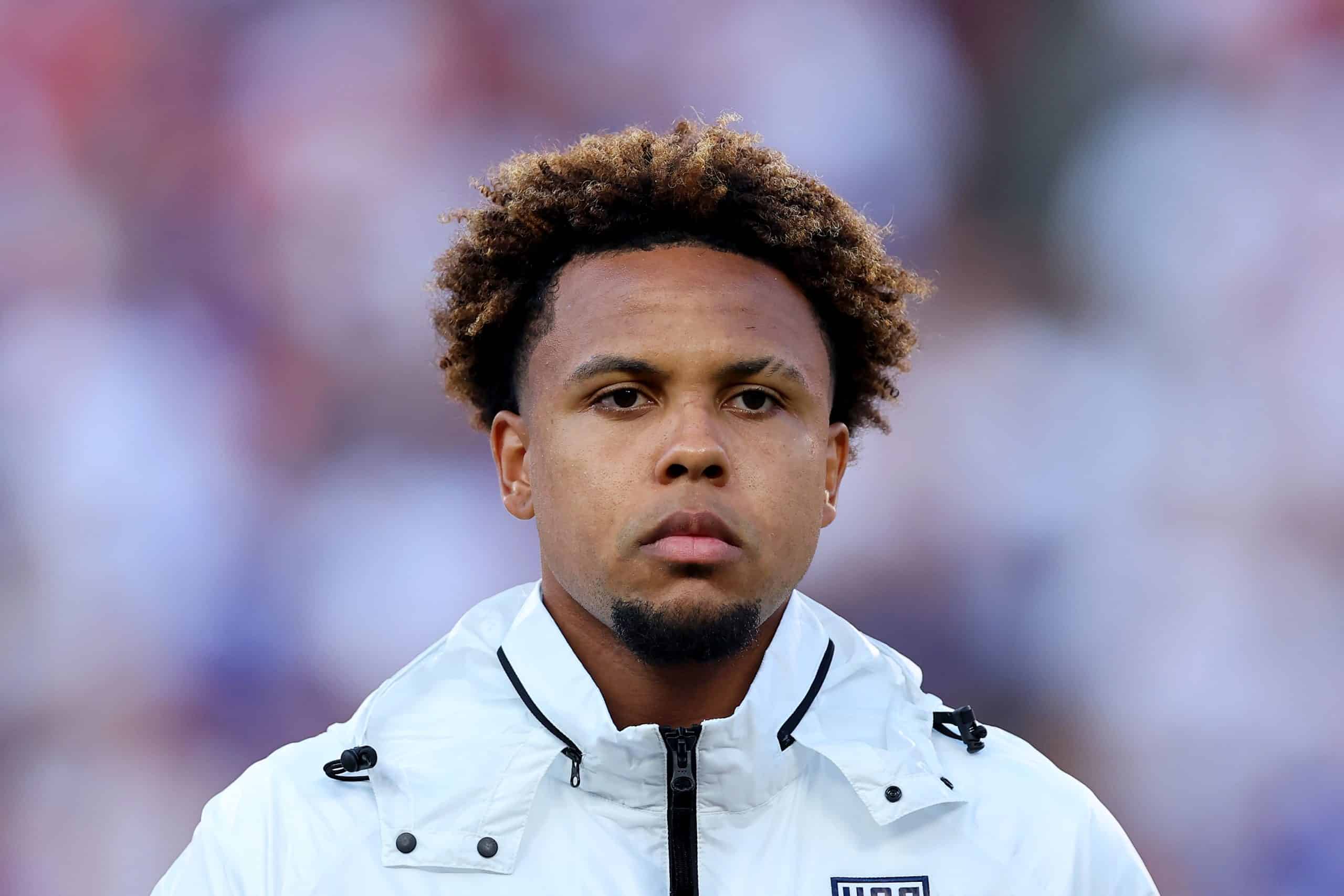 KANSAS CITY, MISSOURI - JULY 01: Weston McKennie of United States looks on prior to the CONMEBOL Copa America 2024 Group C match between United States and Uruguay at GEHA Field at Arrowhead Stadium on July 01, 2024 in Kansas City, Missouri. (Photo by Michael Reaves/Getty Images)