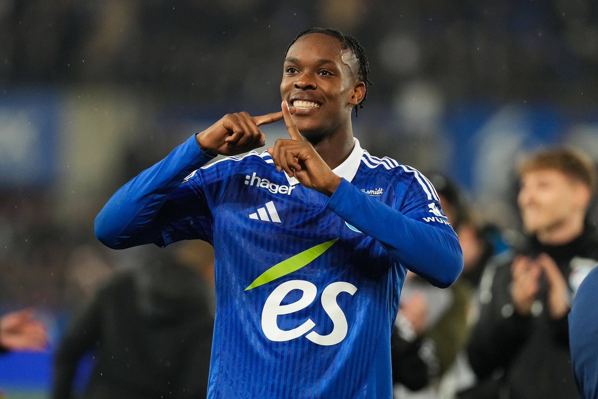 Emanuel EMEGHA of Strasbourg celebrates during the Ligue 1 MCDonald's match between Strasbourg and Lille at La Meinau Stadium on January 25, 2025 in Strasbourg, France. (Photo by Dave Winter /FEP/Icon Sport) - Photo by Icon Sport