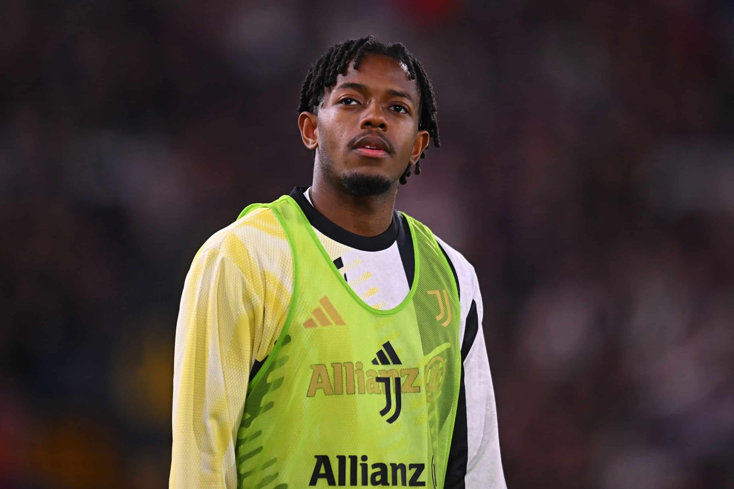 BOLOGNA, ITALY - MAY 04: Samuel Mbangula of Juventus looks on during the Serie A match between Bologna and Juventus at Stadio Renato Dall'Ara on May 04, 2025 in Bologna, Italy. (Photo by Alessandro Sabattini/Getty Images)