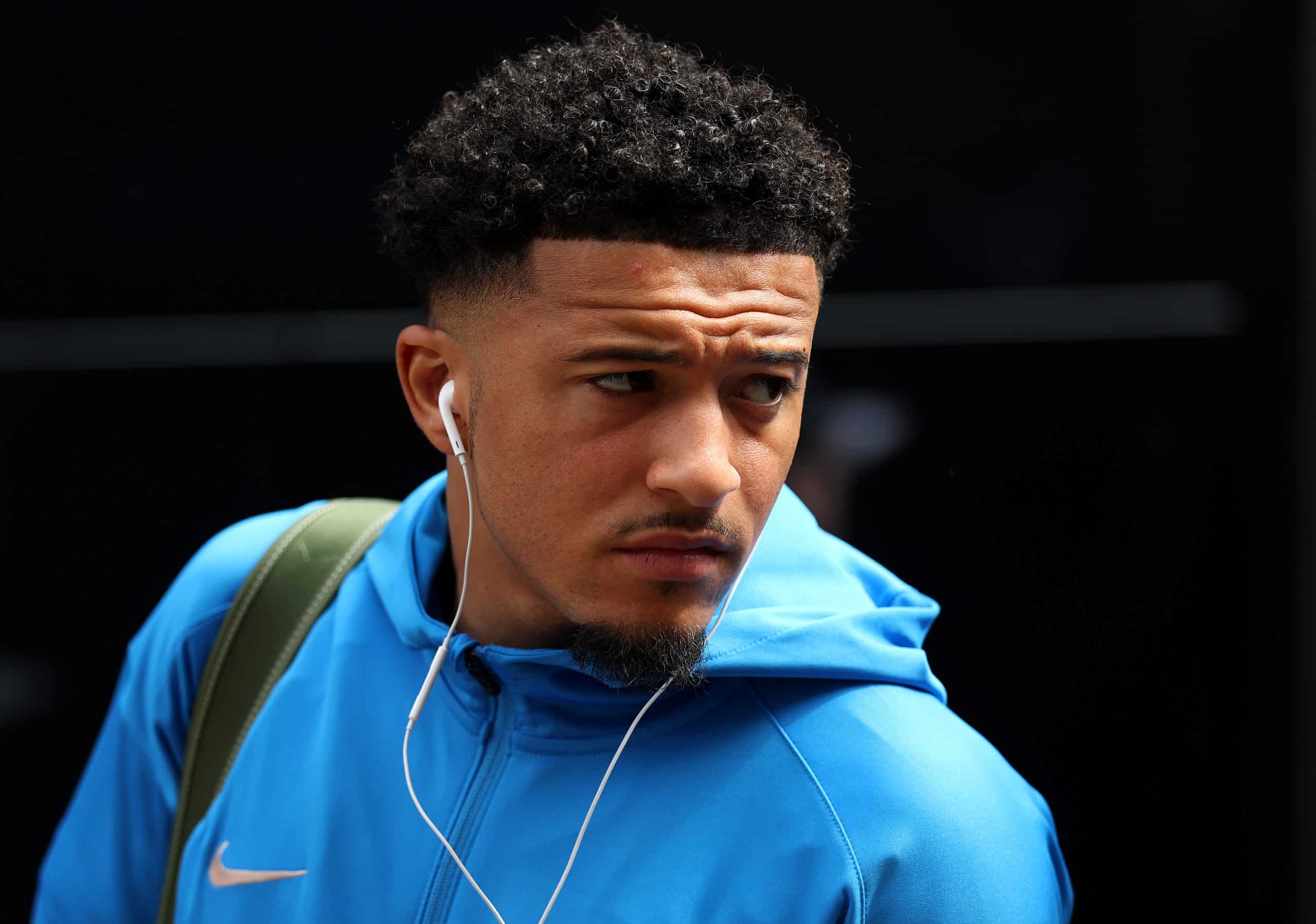 LONDON, ENGLAND - APRIL 20: Jadon Sancho of Chelsea arrives prior to the Premier League match between Fulham FC and Chelsea FC at Craven Cottage on April 20, 2025 in London, England. (Photo by Ryan Pierse/Getty Images)