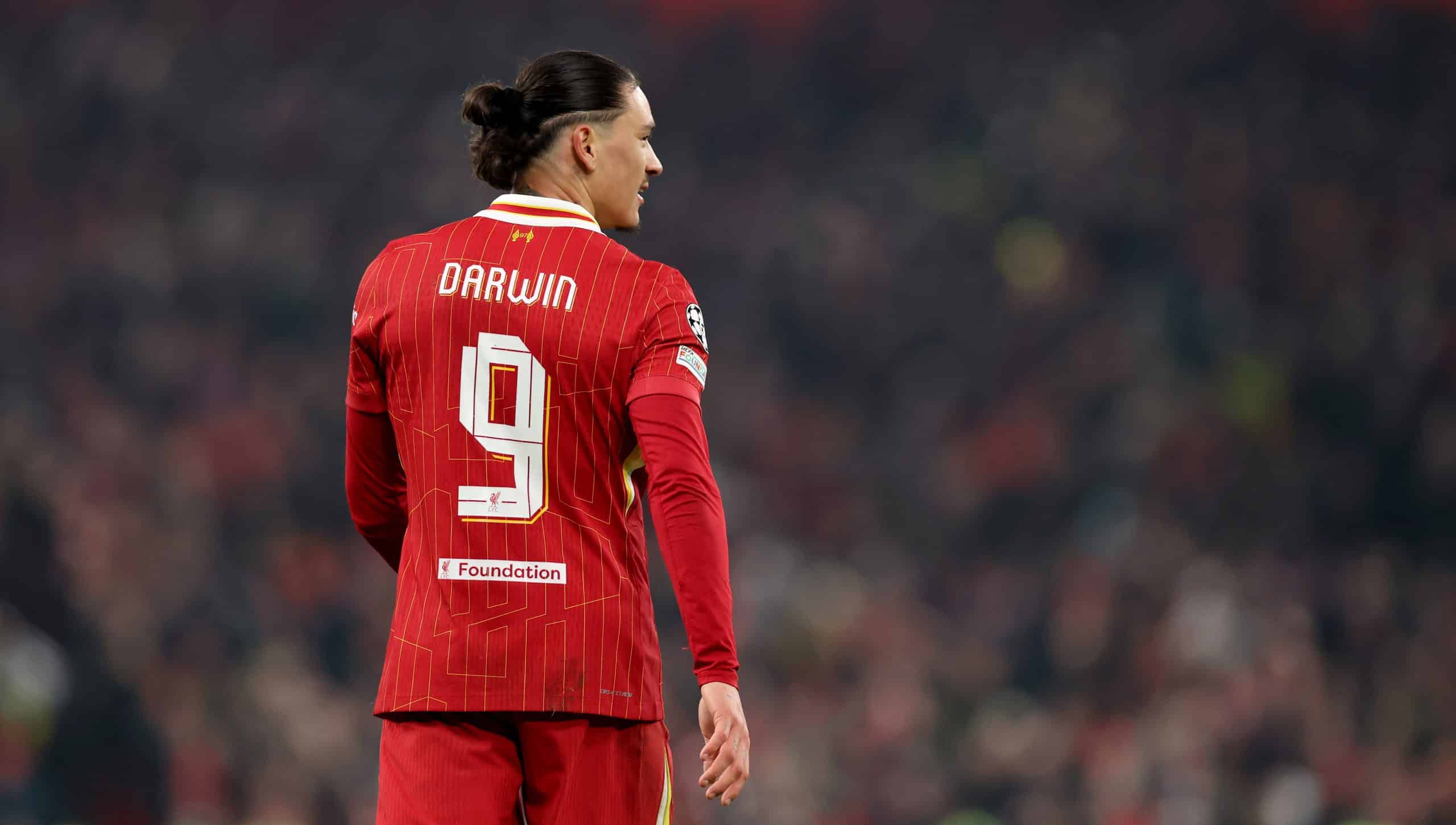 LIVERPOOL, ENGLAND - JANUARY 21: Darwin Nunez of Liverpool during the UEFA Champions League 2024/25 League Phase MD7 match between Liverpool FC and LOSC Lille at Anfield on January 21, 2025 in Liverpool, England. (Photo by Carl Recine/Getty Images)