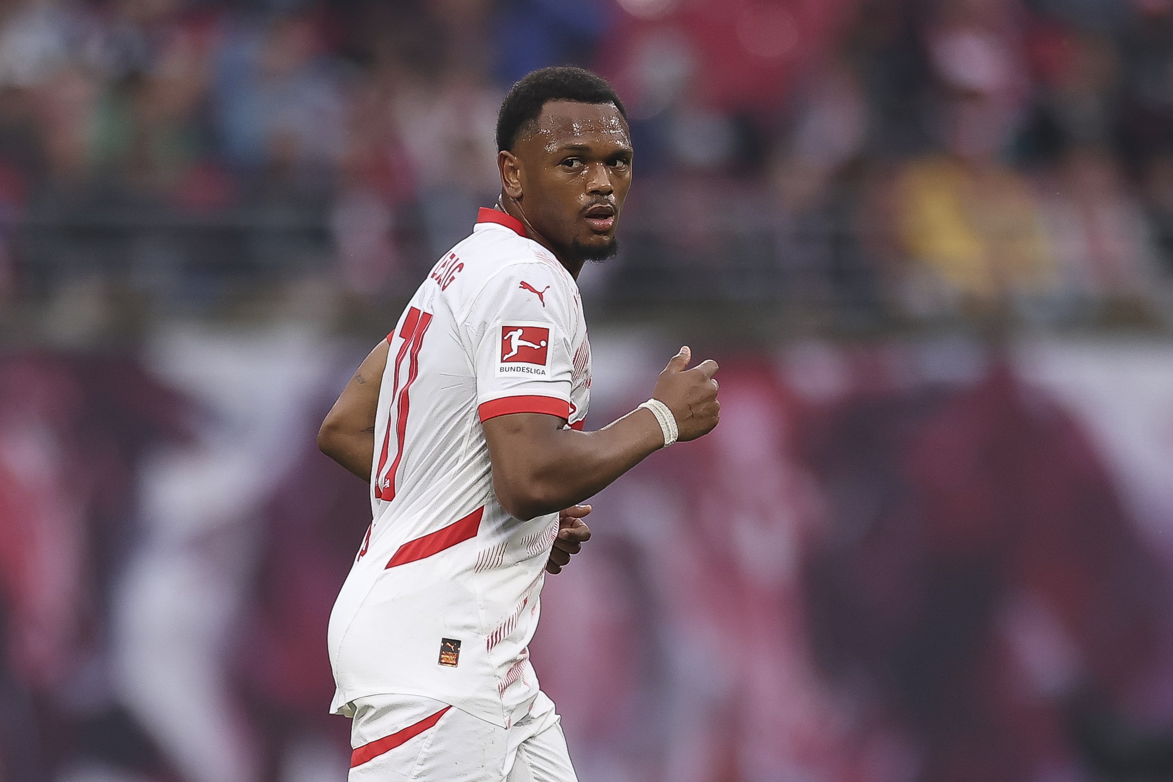 LEIPZIG, GERMANY - MAY 03: Lois Openda of RB Leipzig looks on during the Bundesliga match between RB Leipzig and FC Bayern München at Red Bull Arena on May 03, 2025 in Leipzig, Germany. (Photo by Maja Hitij/Getty Images)