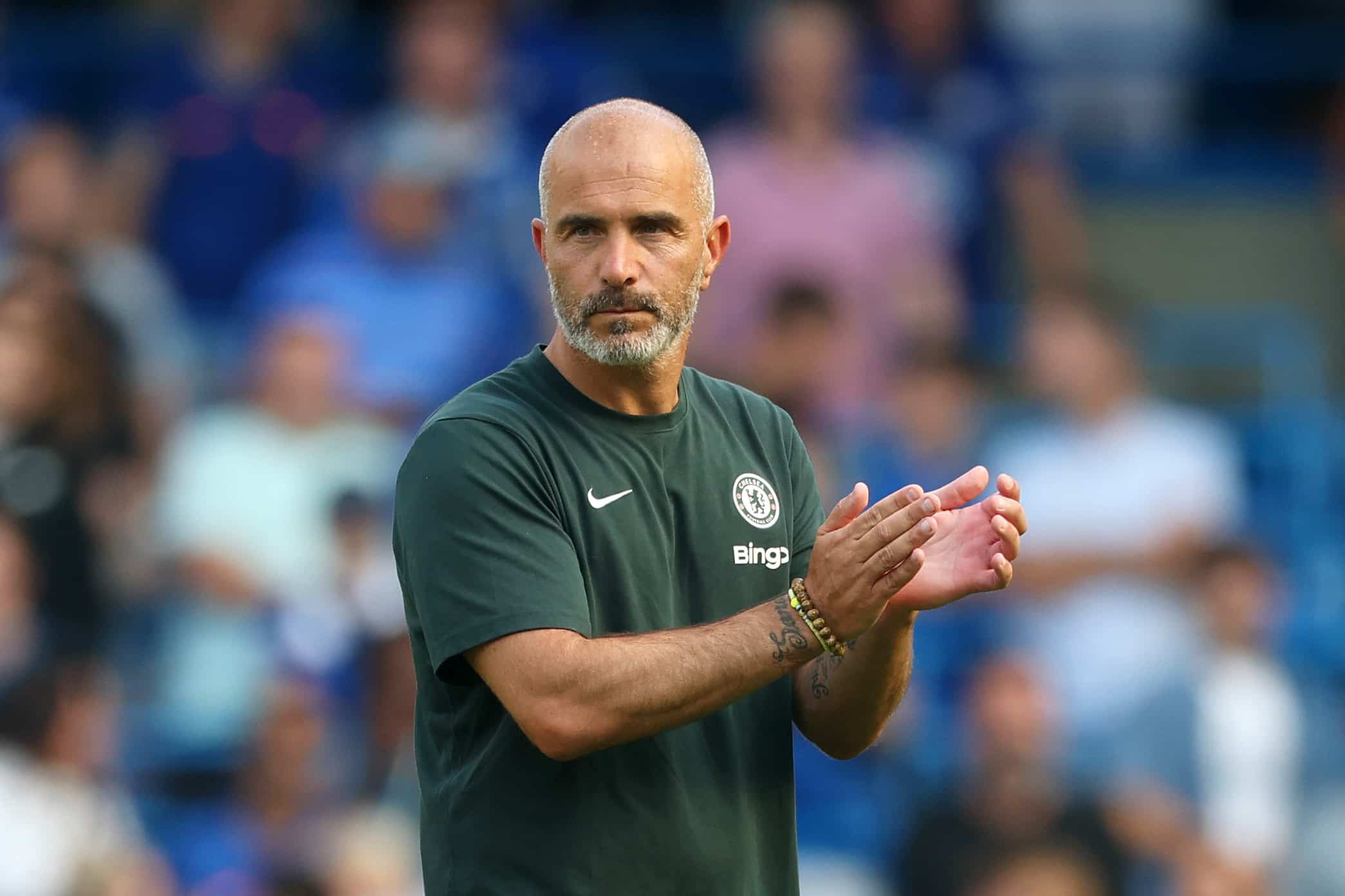 LONDON, ENGLAND - AUGUST 10: Enzo Maresca, Head Coach of Chelsea, applauds during the pre-season friendly match between Chelsea and AC Milan at Stamford Bridge on August 10, 2025 in London, England. (Photo by Richard Pelham/Getty Images)