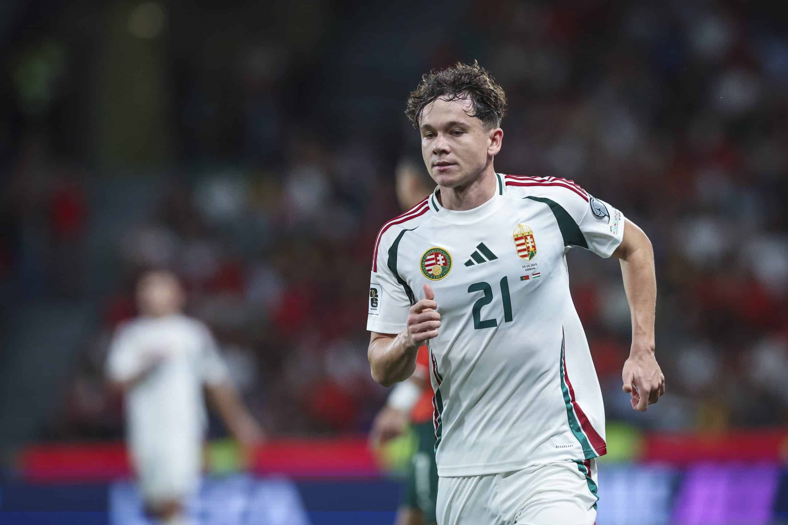 LISBON, PORTUGAL - OCTOBER 14: Alex Toth of Hungary jogs during the FIFA World Cup 2026 qualifier match between Portugal and Hungary at Estadio Jose Alvalade on October 14, 2025 in Lisbon, Portugal. (Photo by Carlos Rodrigues/Getty Images)