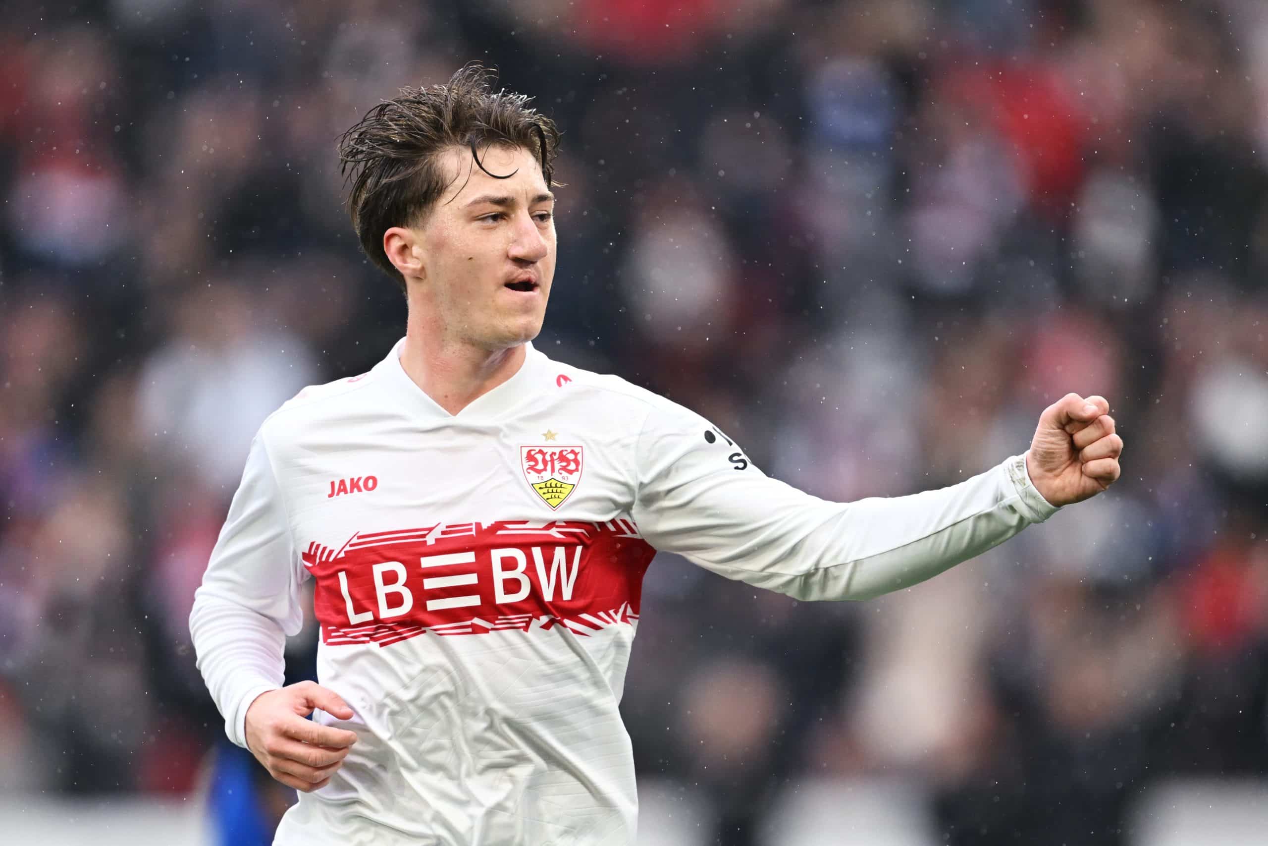 STUTTGART, GERMANY - APRIL 12: Angelo Stiller of VfB Stuttgart celebrates scoring his team's first goal during the Bundesliga match between VfB Stuttgart and Hamburger SV at MHPArena on April 12, 2026 in Stuttgart, Germany. (Photo by Christian Kaspar-Bartke/Getty Images)