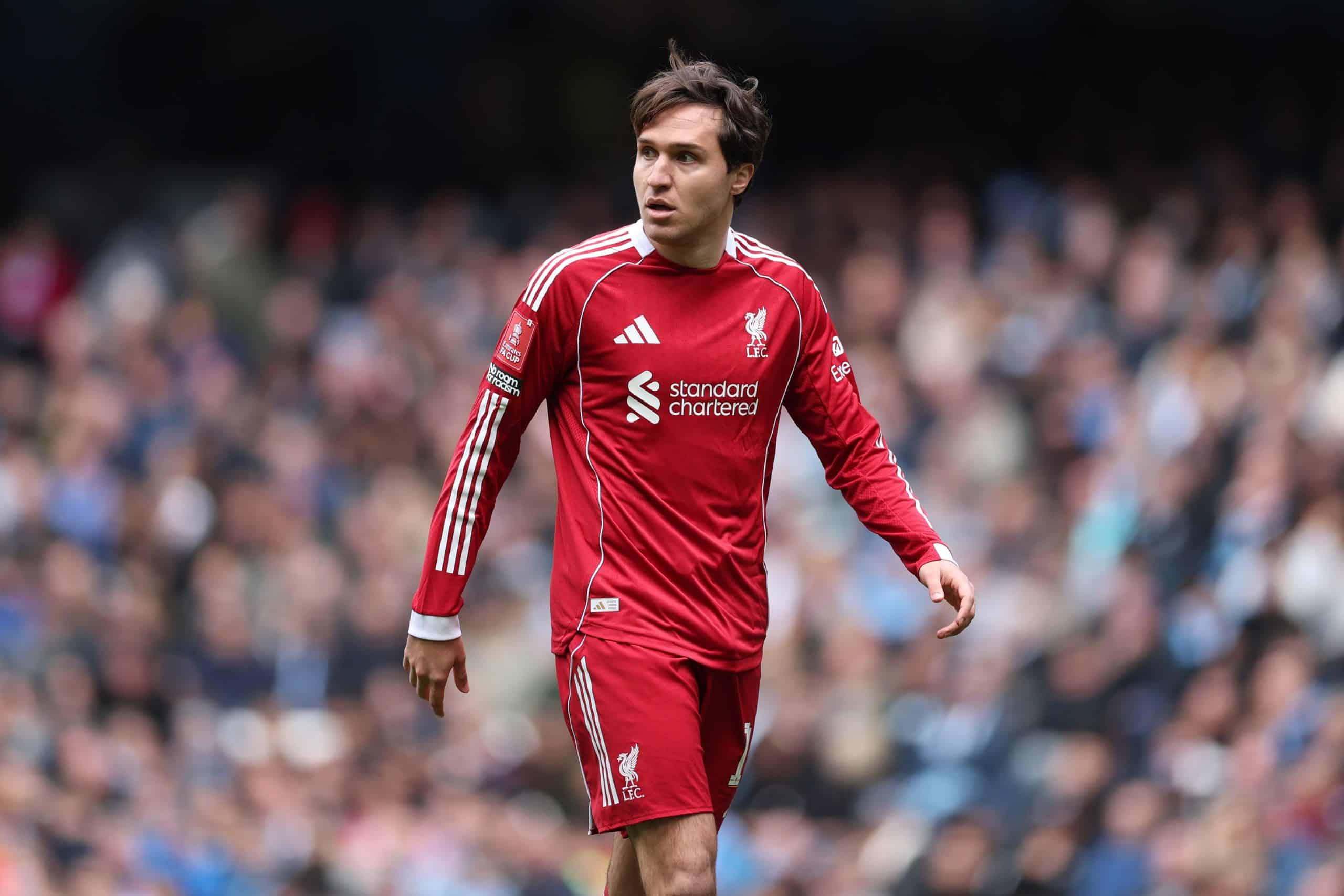 MANCHESTER, ENGLAND - APRIL 04: Federico Chiesa of Liverpool looks on during the Emirates FA Cup Quarter Final match between Manchester City and Liverpool on April 04, 2026 in Manchester, England. (Photo by Michael Regan/Getty Images)